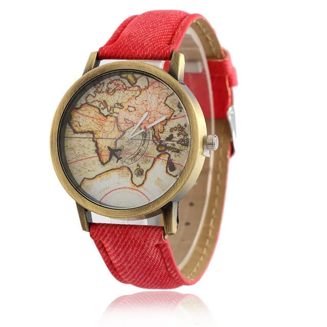 2016  Cowboy strap Map Watch By Plane Watches Women Men Denim Fabric Quartz Watch 7 color sports watches free shipping