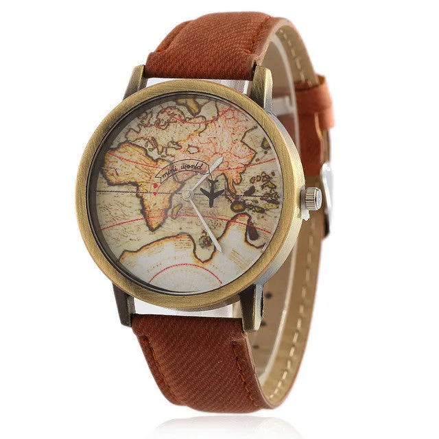 2016  Cowboy strap Map Watch By Plane Watches Women Men Denim Fabric Quartz Watch 7 color sports watches free shipping