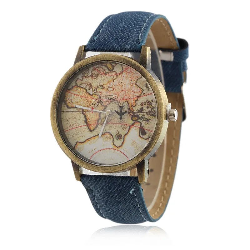 2016  Cowboy strap Map Watch By Plane Watches Women Men Denim Fabric Quartz Watch 7 color sports watches free shipping