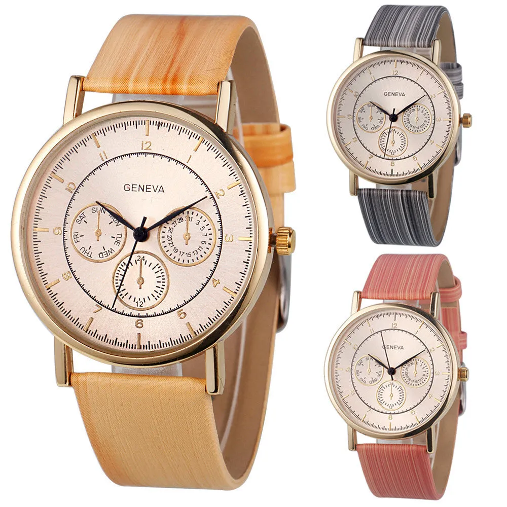 2016 selling Ladies luxury women watch famous brands Geneva Faux Chronograph Ladies Women Wood Leather Analog Quartz Wrist Watch