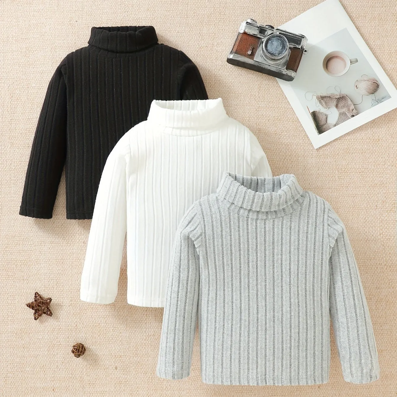 3pcs Kid's Solid Turtleneck Sweater, Long Sleeve, Knit Top, Fall/Winter, Gift