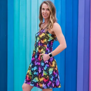 Adult "Kaleidosaurus" Rainbow Dinosaurs Sleeveless Dress with Pockets