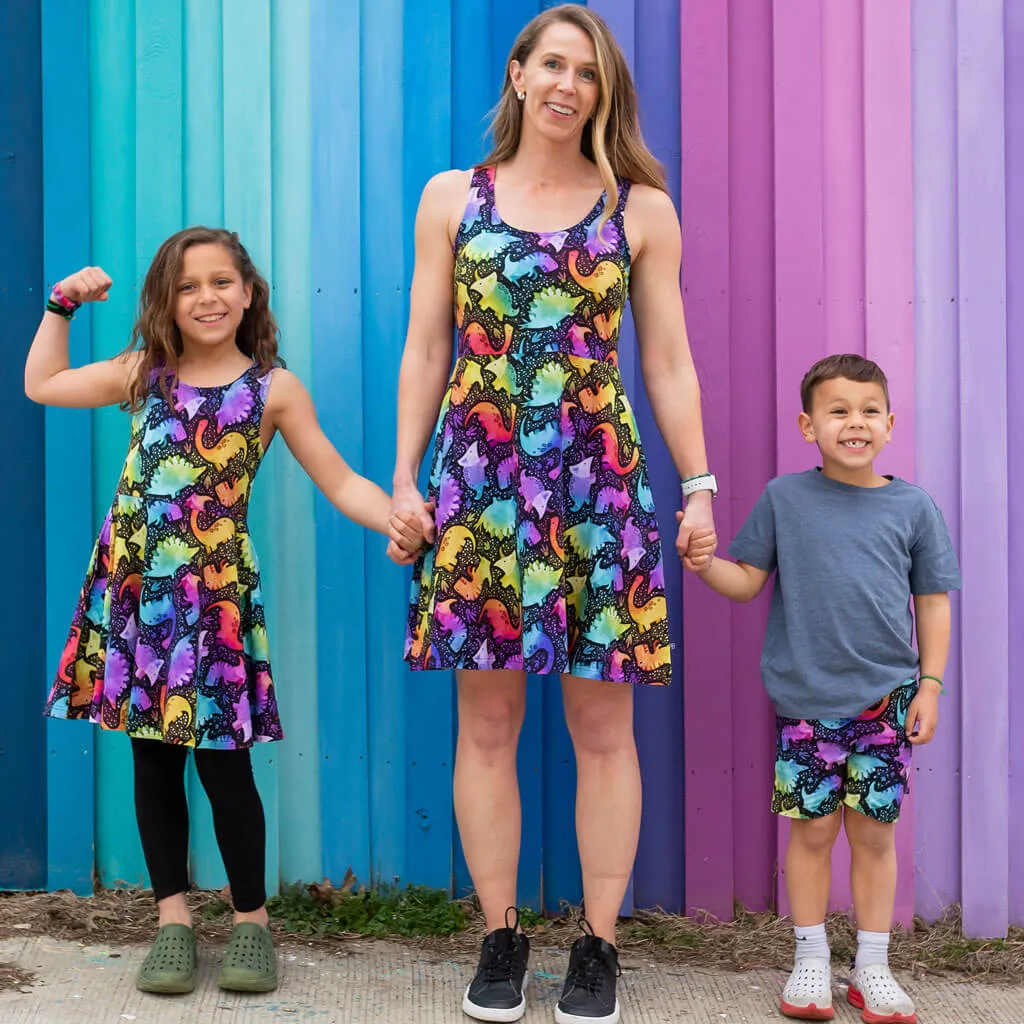 Adult "Kaleidosaurus" Rainbow Dinosaurs Sleeveless Dress with Pockets