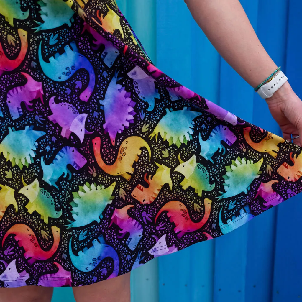 Adult "Kaleidosaurus" Rainbow Dinosaurs Sleeveless Dress with Pockets