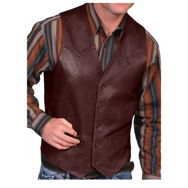 Aidase Suit Vest Men's Leather V-Neck Fashion Casual Jacket Sleeveless Steampunk Western Denim Vest Waistcoat Male