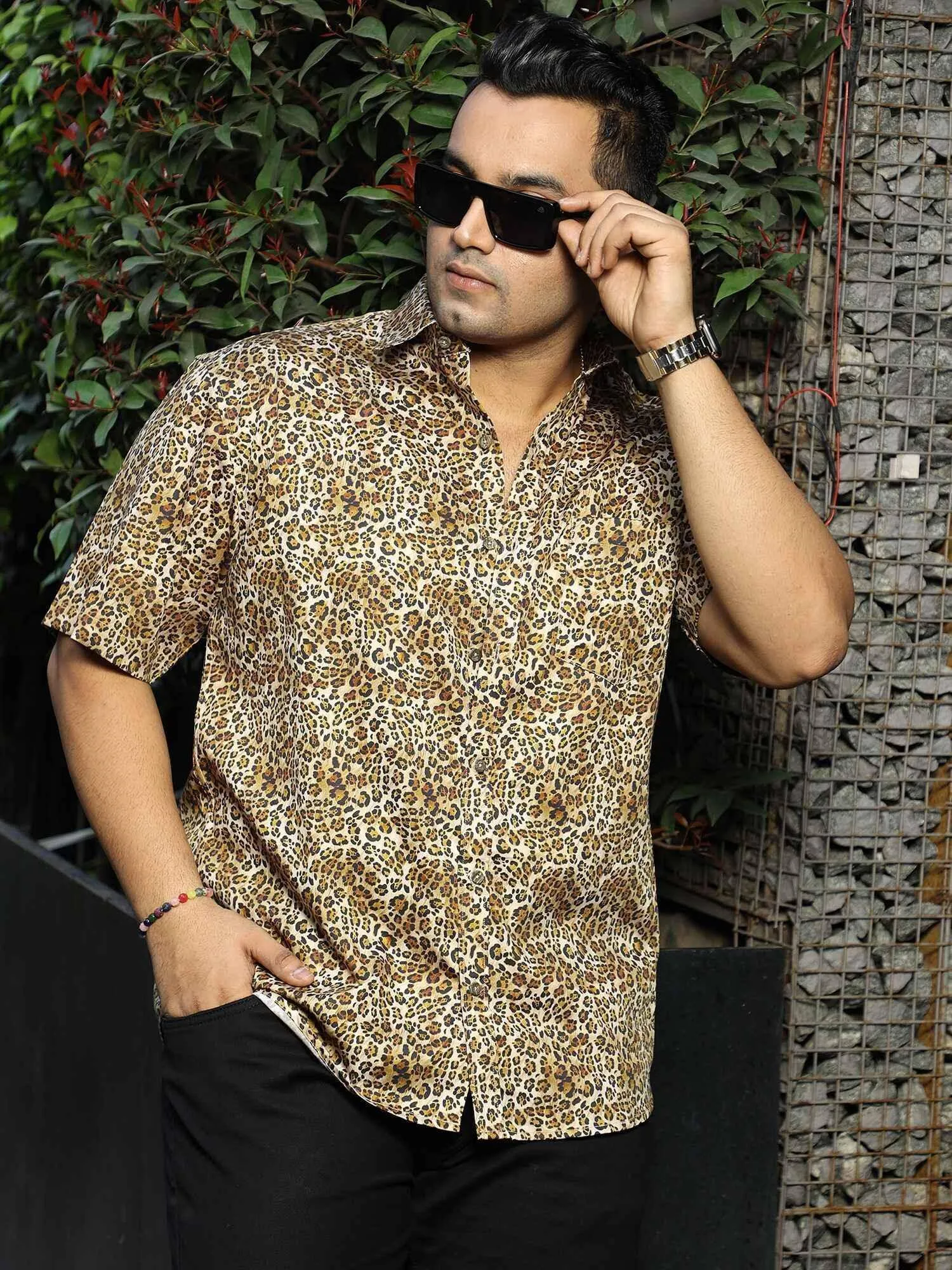 Animal Print Party Wear Half Shirt Men's Plus Size