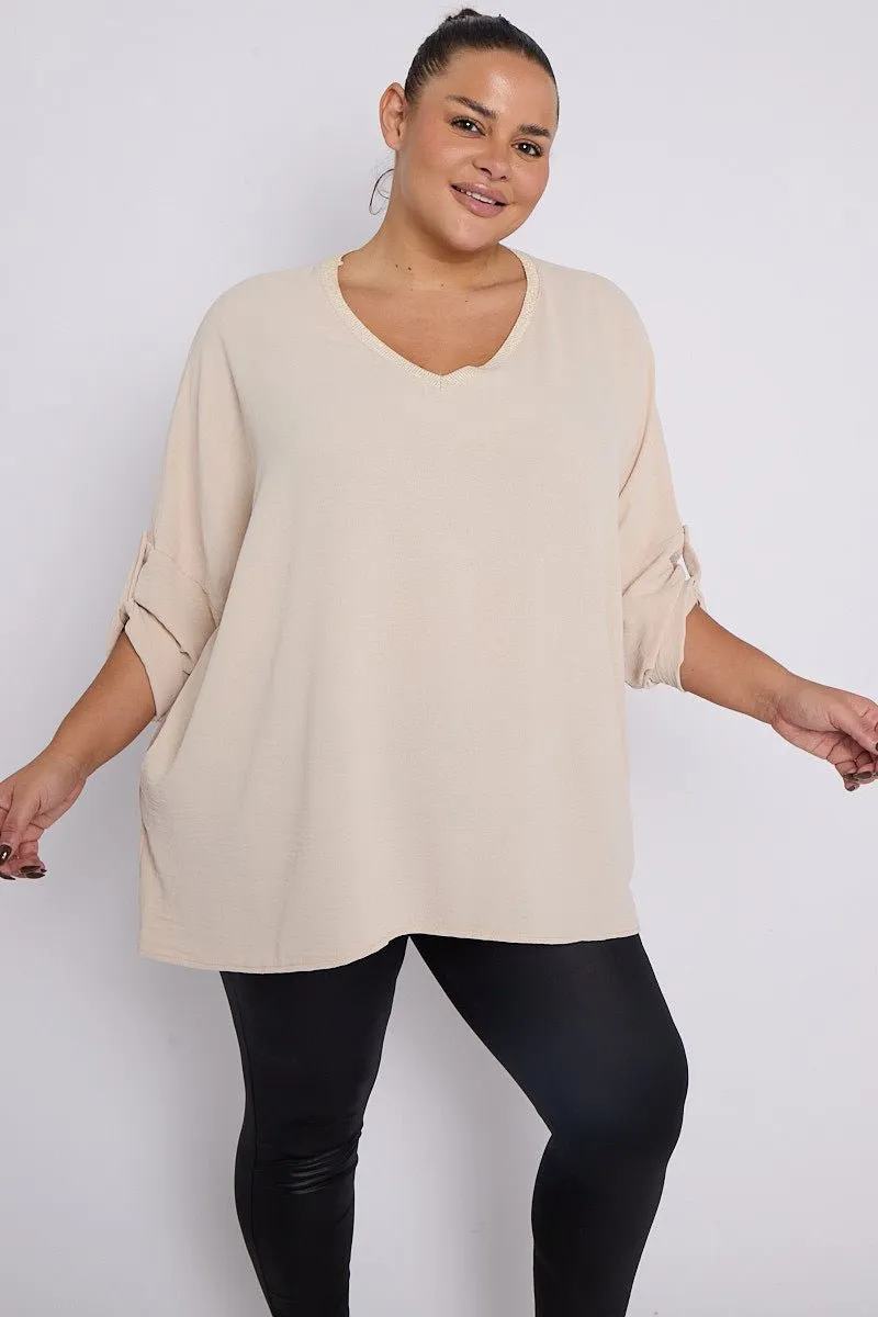 Anya PLUS SIZE Beige V Neck Contrast Trim 3/4 Turn Sleeves Top With Pockets