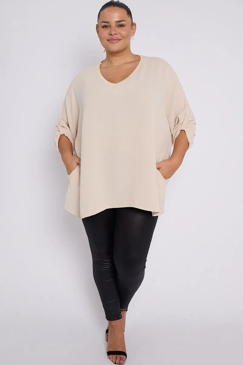 Anya PLUS SIZE Beige V Neck Contrast Trim 3/4 Turn Sleeves Top With Pockets