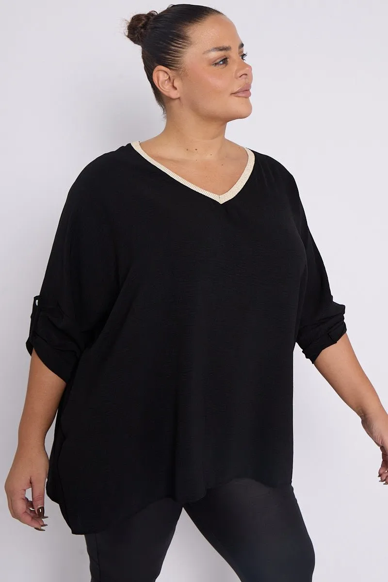 Anya PLUS SIZE Black V Neck Contrast Trim 3/4 Turn Sleeves Top With Pockets