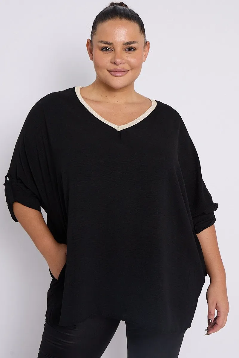 Anya PLUS SIZE Black V Neck Contrast Trim 3/4 Turn Sleeves Top With Pockets