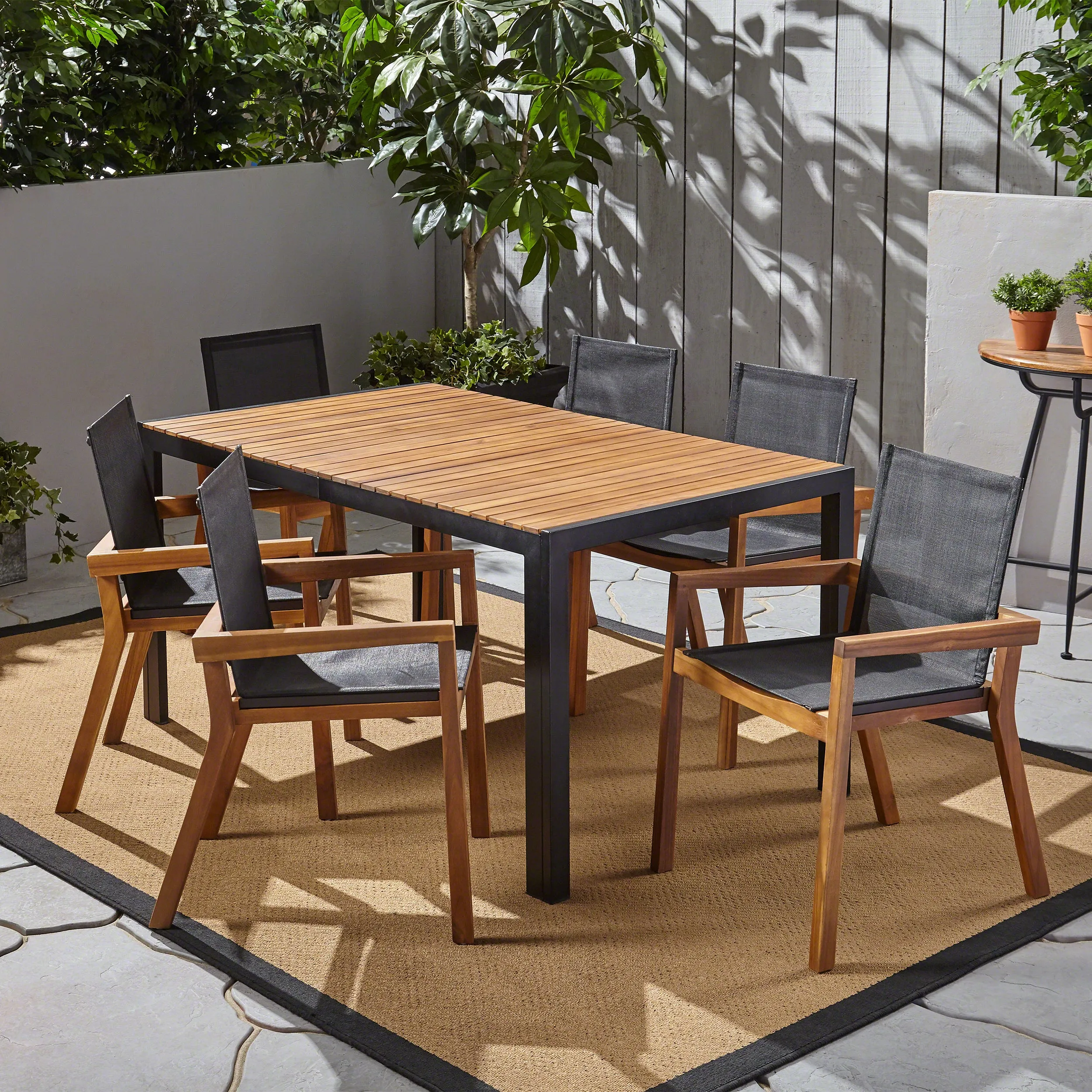 Aymee Outdoor 6-Seater Rectangular Acacia Wood and Mesh Dining Set