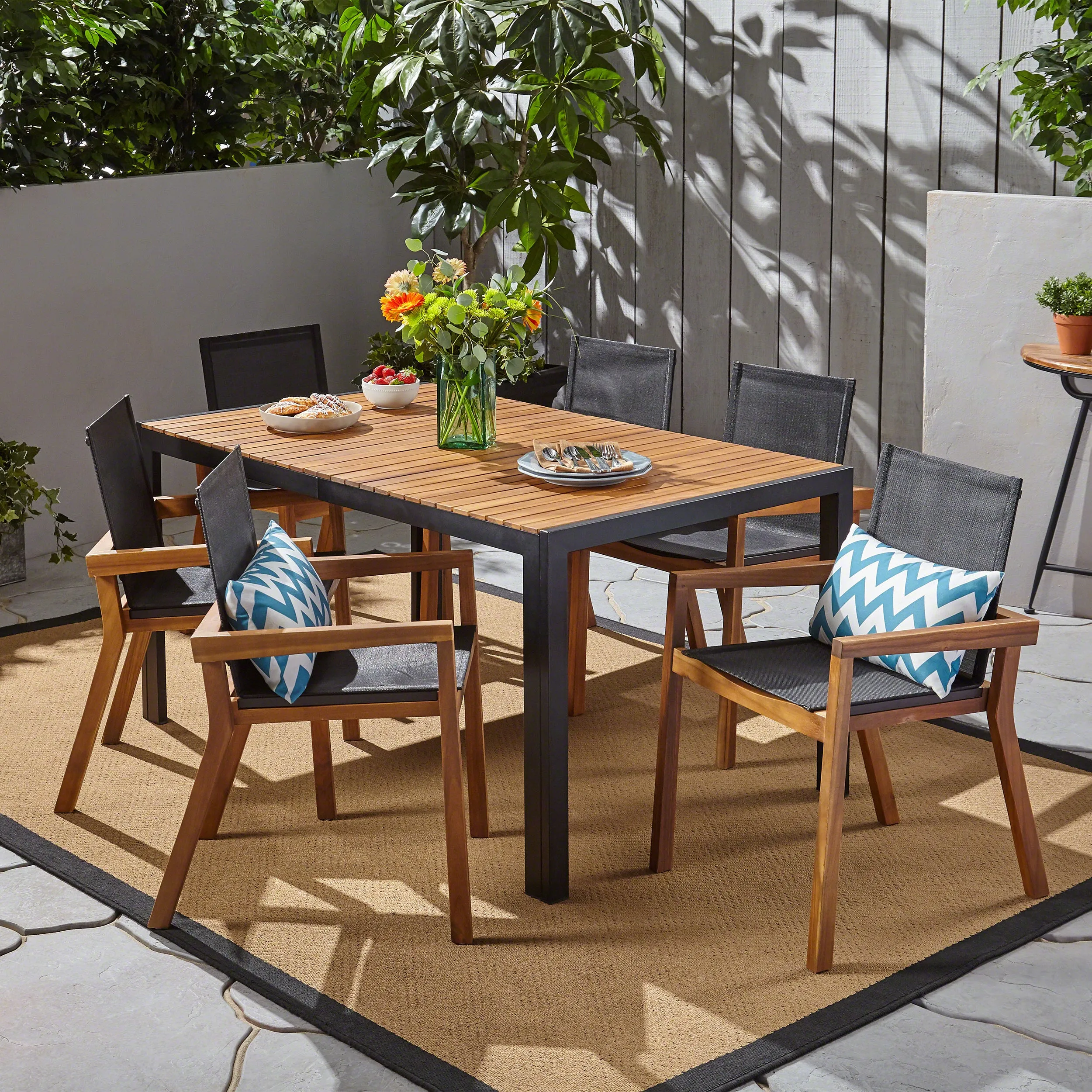 Aymee Outdoor 6-Seater Rectangular Acacia Wood and Mesh Dining Set