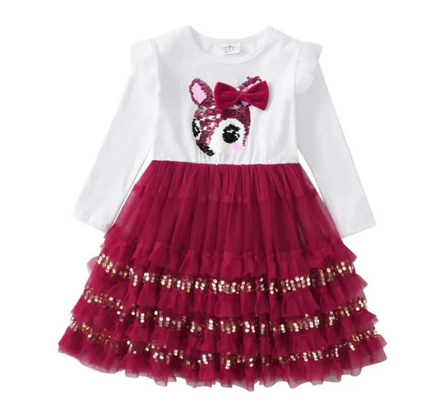 Bambi  -  Girls Long Sleeve Tulle Tutu & Sequin Layered Skirt Dress