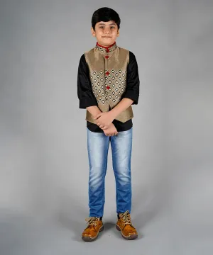 Beige Cotton Jute Fabric Waist Coat Set for 10 Year Old Boy