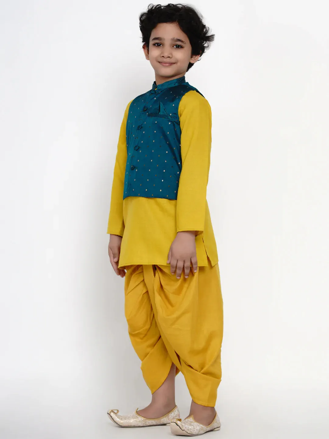 Boy'S Yellow Dhoti Kurta With Sea Green Jacket Set