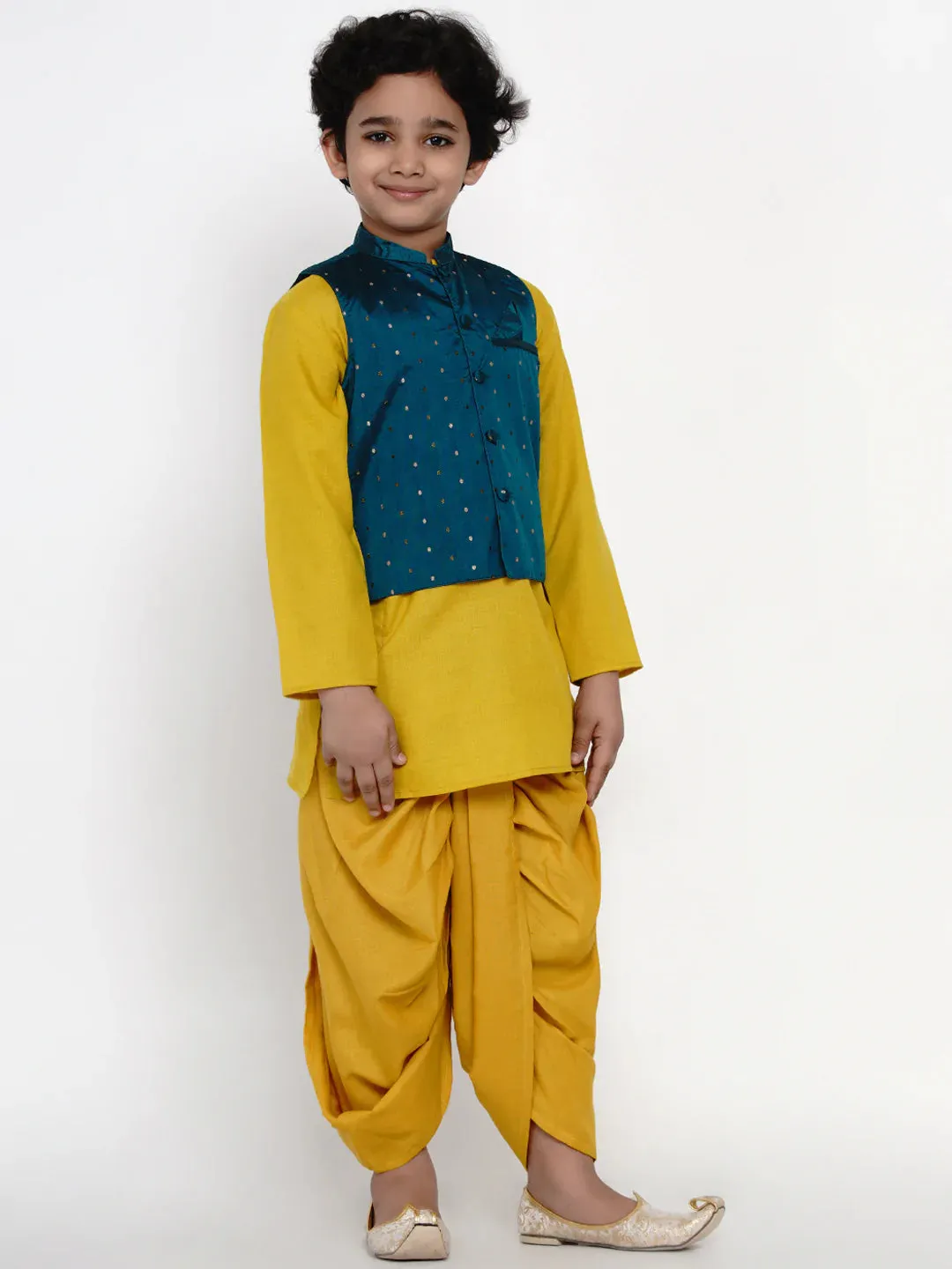 Boy'S Yellow Dhoti Kurta With Sea Green Jacket Set