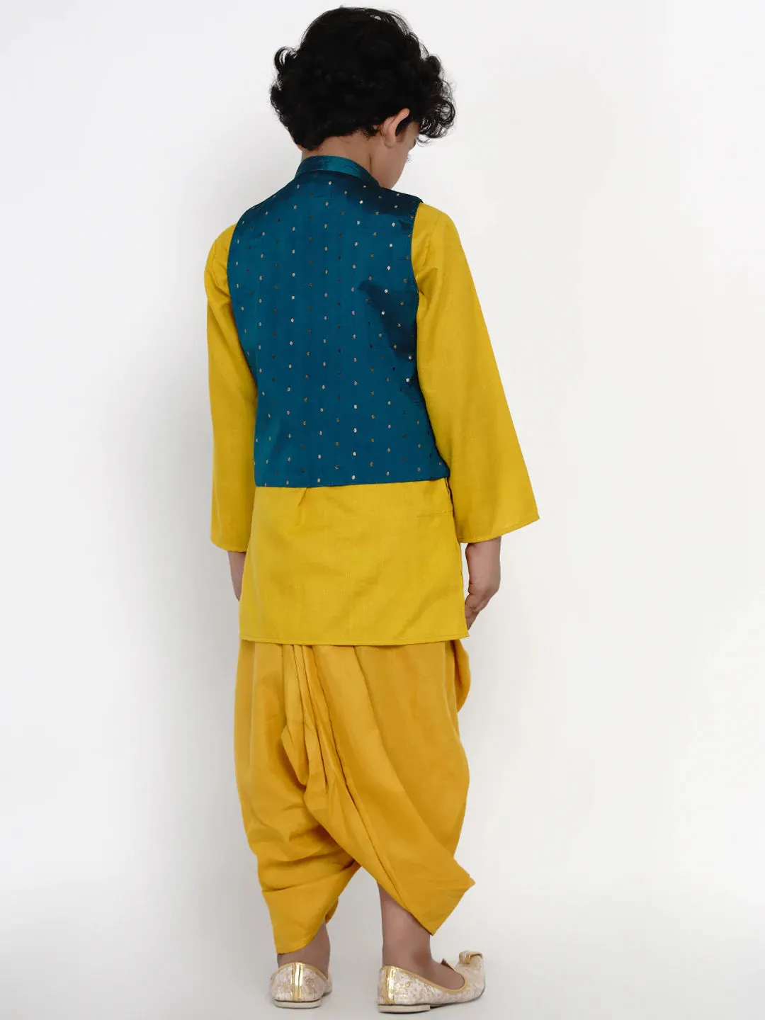 Boy'S Yellow Dhoti Kurta With Sea Green Jacket Set