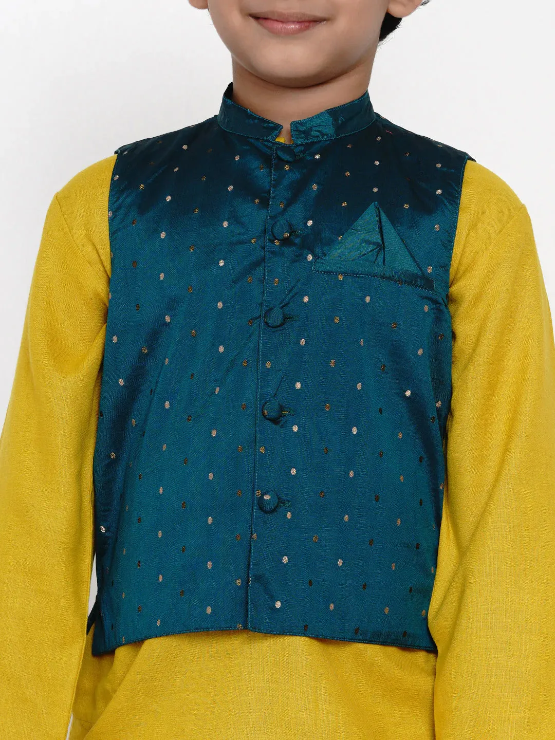 Boy'S Yellow Dhoti Kurta With Sea Green Jacket Set