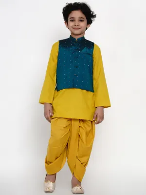 Boy'S Yellow Dhoti Kurta With Sea Green Jacket Set