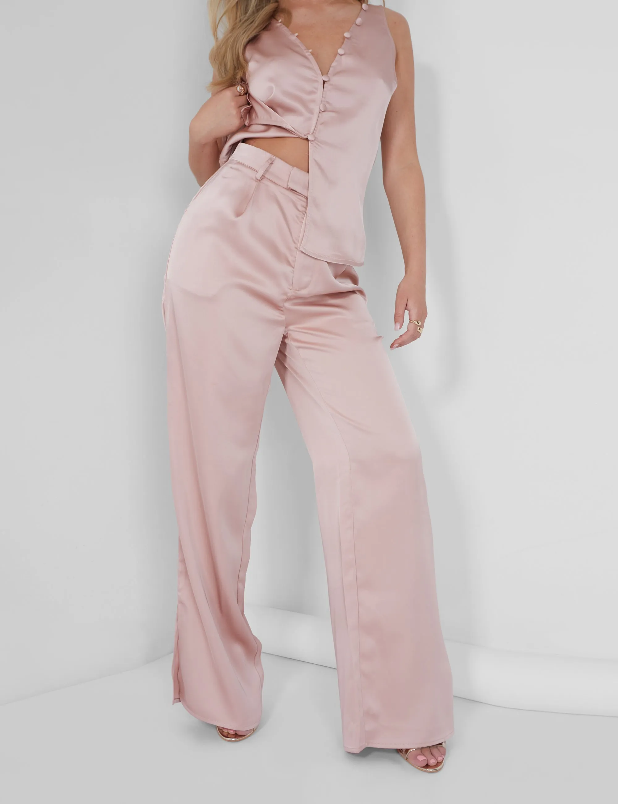 Button Detail Satin Waistcoat Top Pink