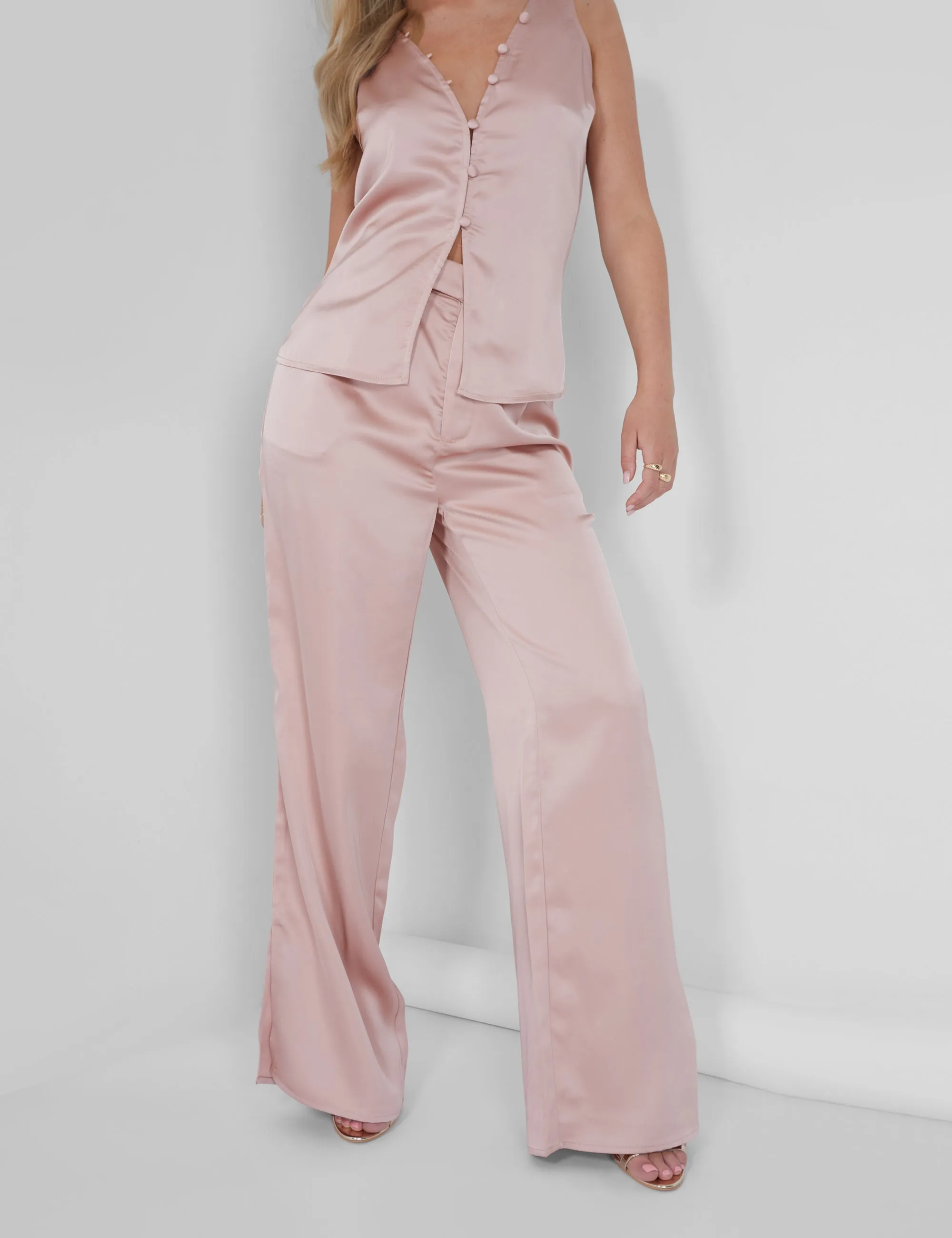 Button Detail Satin Waistcoat Top Pink