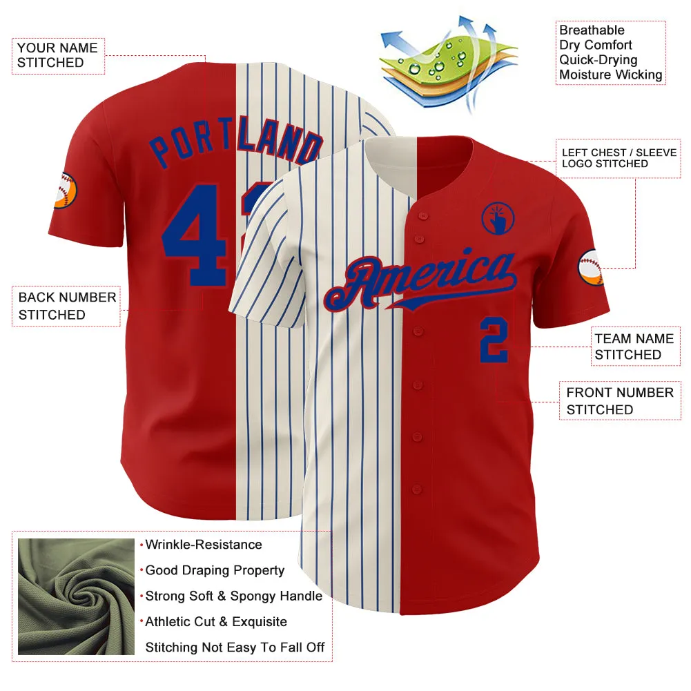 Custom Red Cream-Royal Pinstripe Authentic Split Fashion Baseball Jersey