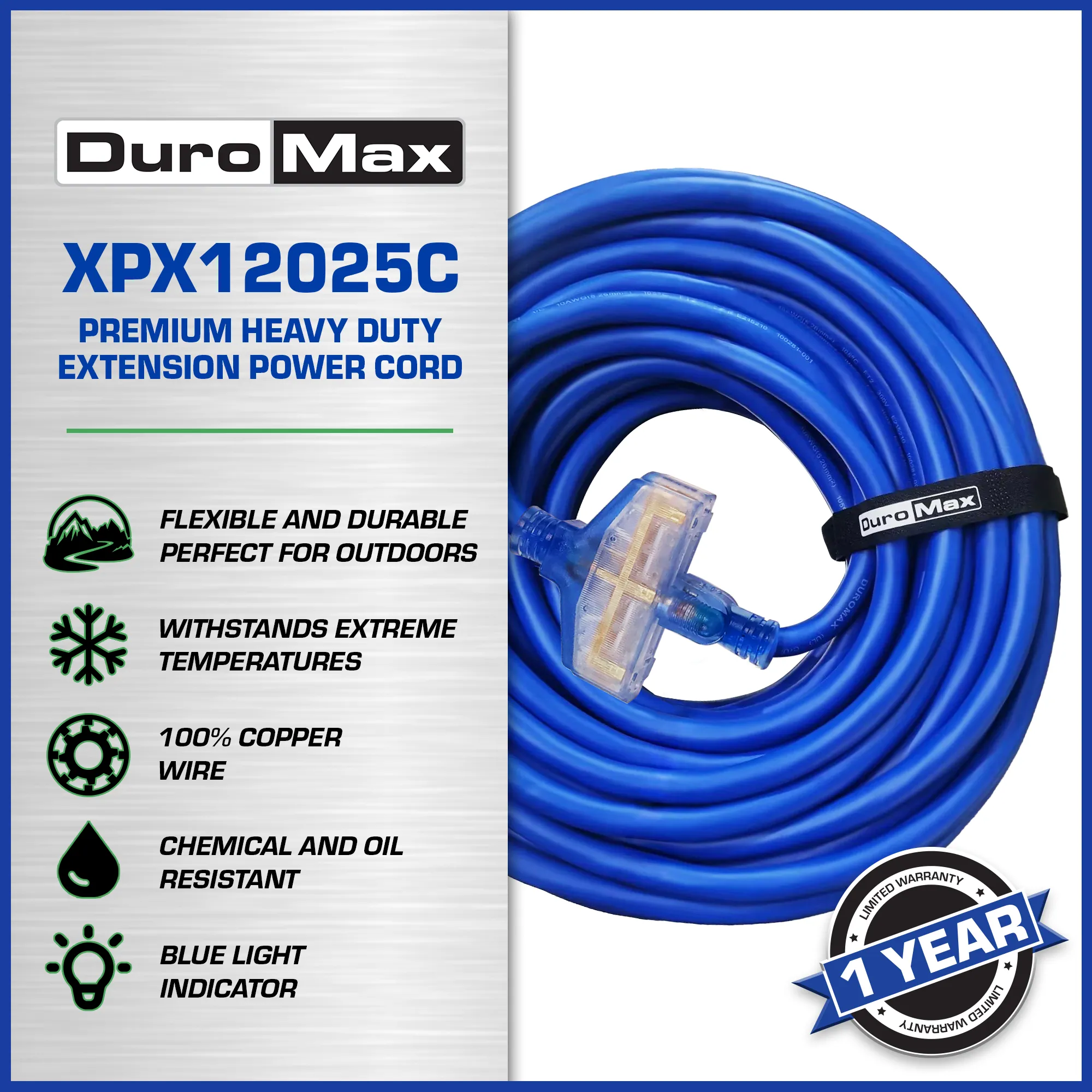 DuroMax XPX12025C Heavy Duty SJEOOW 25-Foot 12 Gauge Blue Triple Tap Extension Power Cord