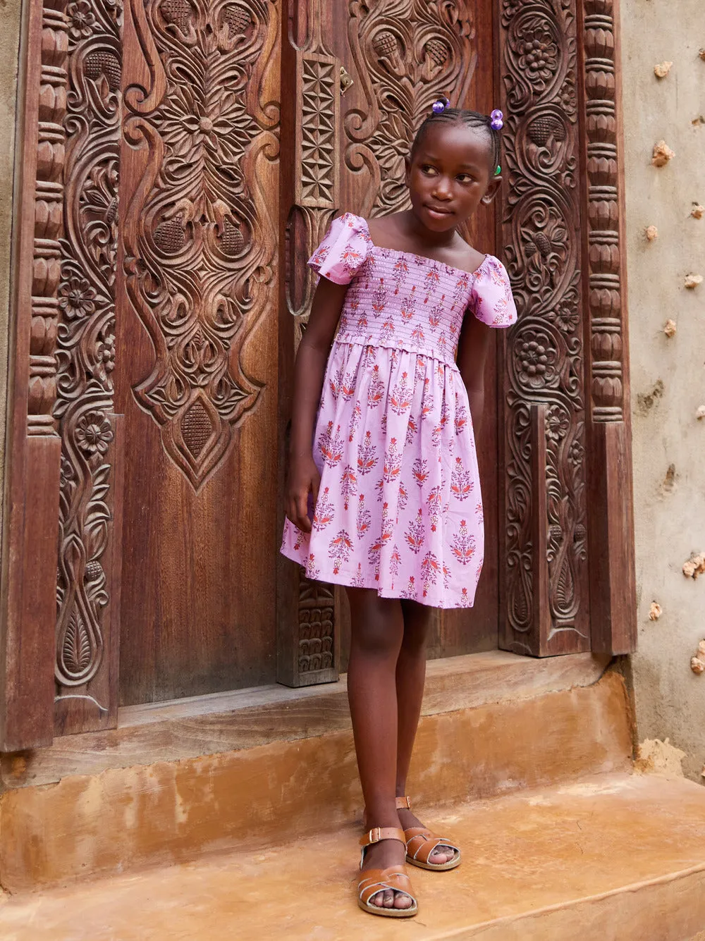 Flutter Sleeve Smocked Dress in Lilac Print