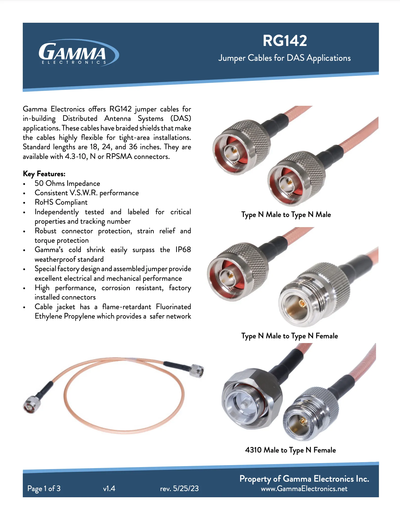 Gamma RG142 Coaxial Cable – Type N Male to Type N Male