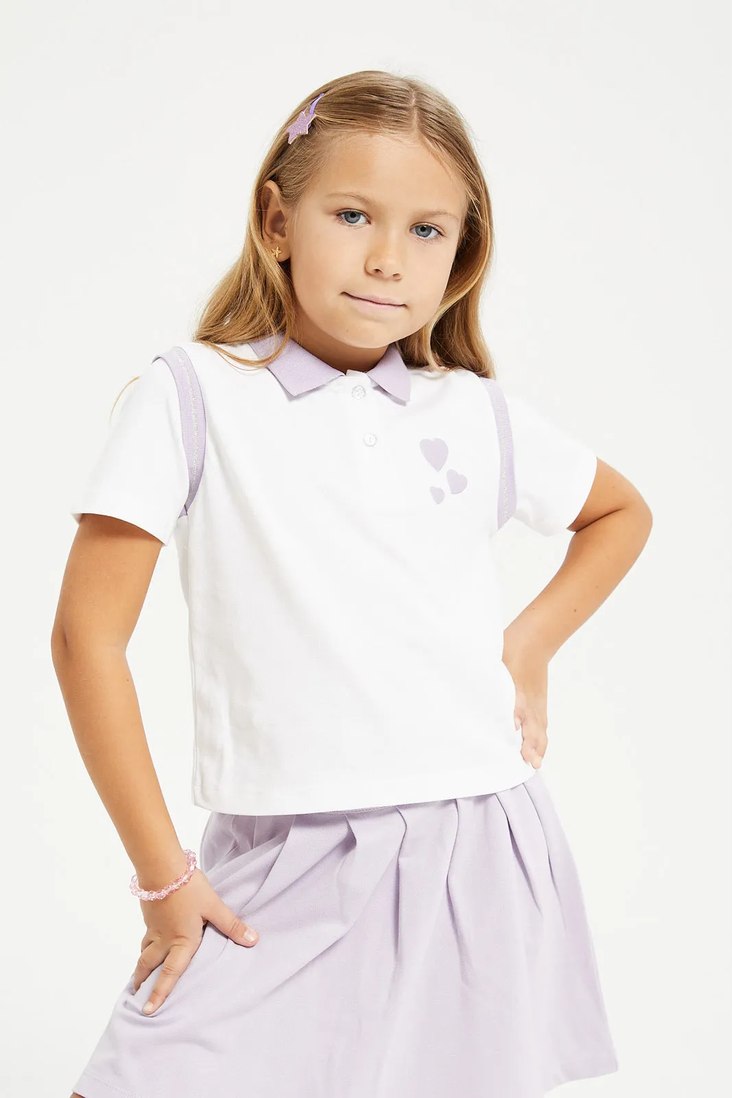 Girls Lilac And White Blouse And Skirt Set (2 Piece)