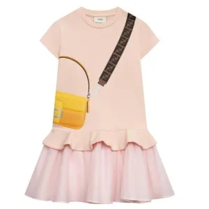 Girls Pink Silk Tiered FF Logo Bag Dress