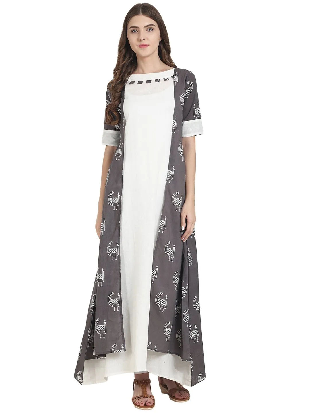 Grey Printed Half Sleeve Cotton Floor Length A-Line Kurta