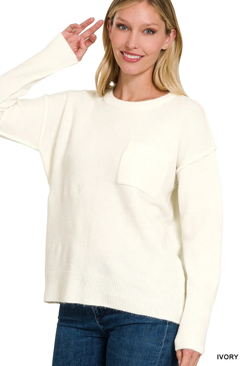 Ivory Melange Hi-Low Pocket Sweater