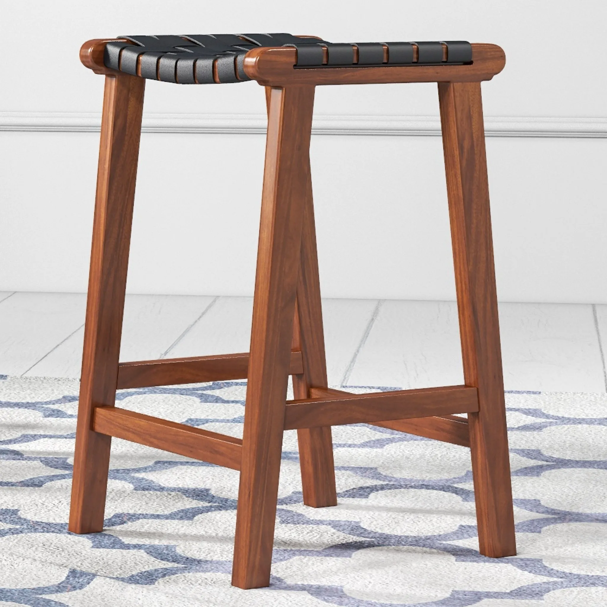 James Mid-Century Modern Genuine Leather Bar Stool