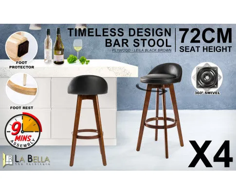 La Bella 4 Set 72cm Black Brown Wooden Bar Stool Leila Leather