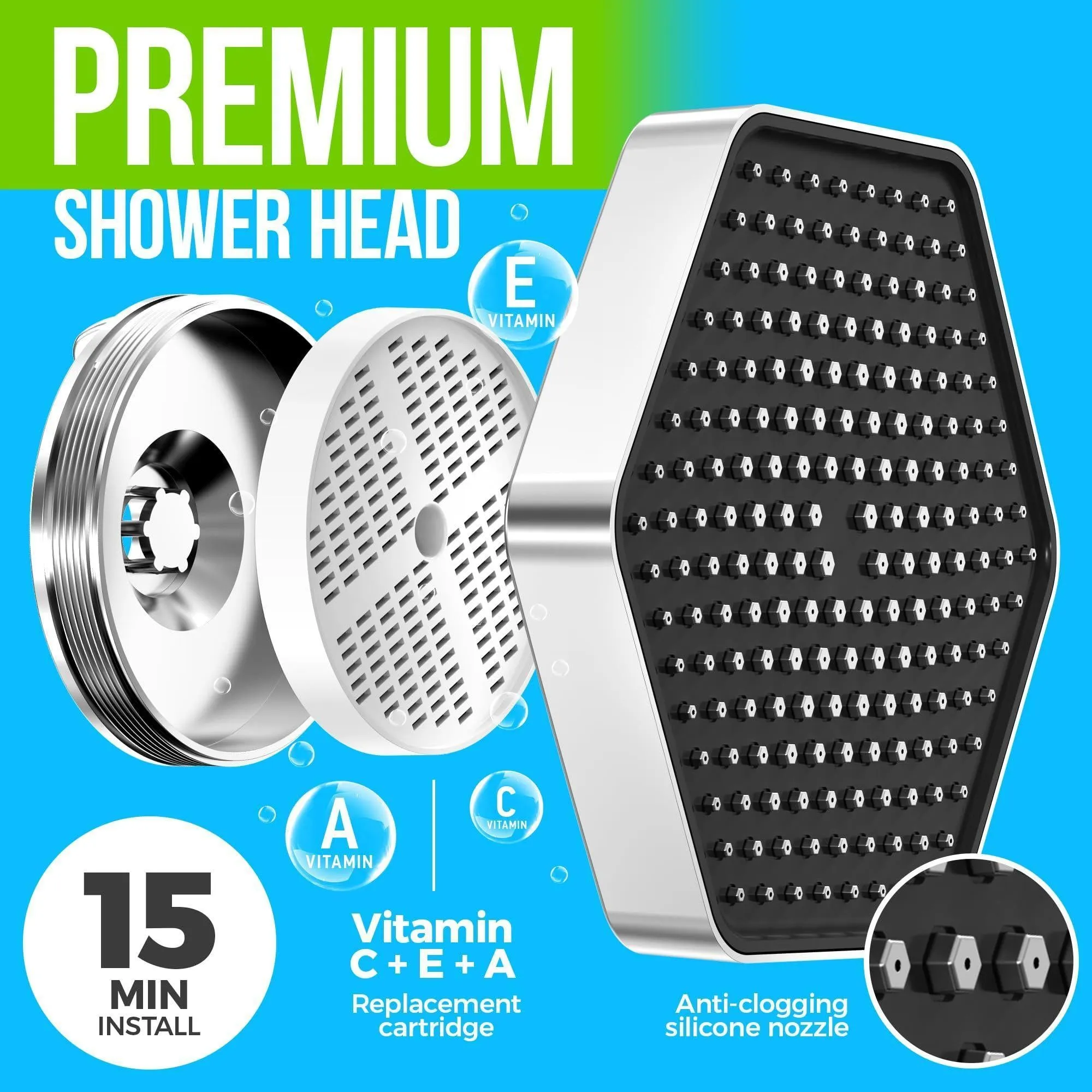 Luxury Filtered Shower Head High Pressure Rain Showerhead with Vitamin C E A