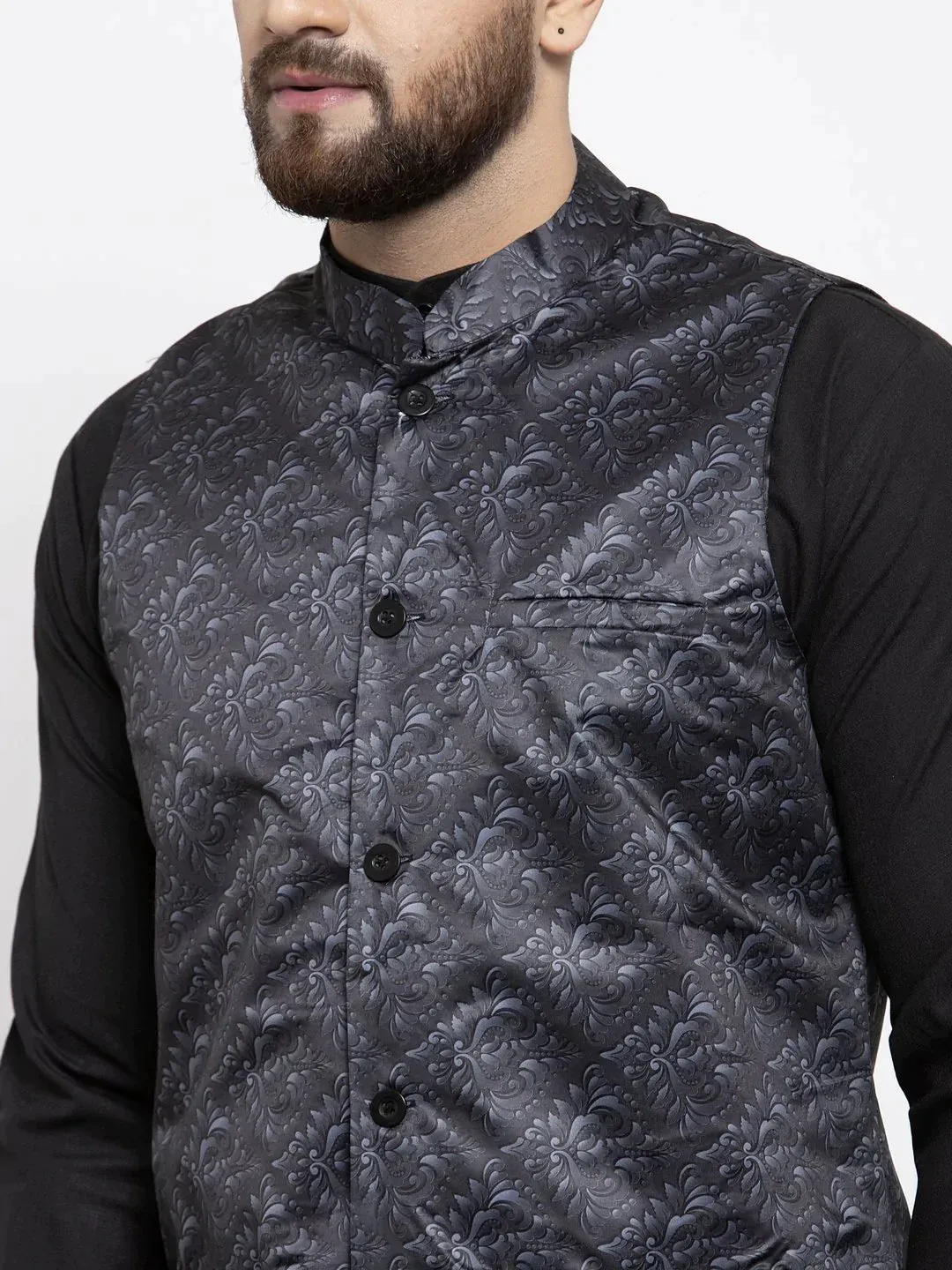 Men Charcoal Grey Printed Satin Nehru Jacket