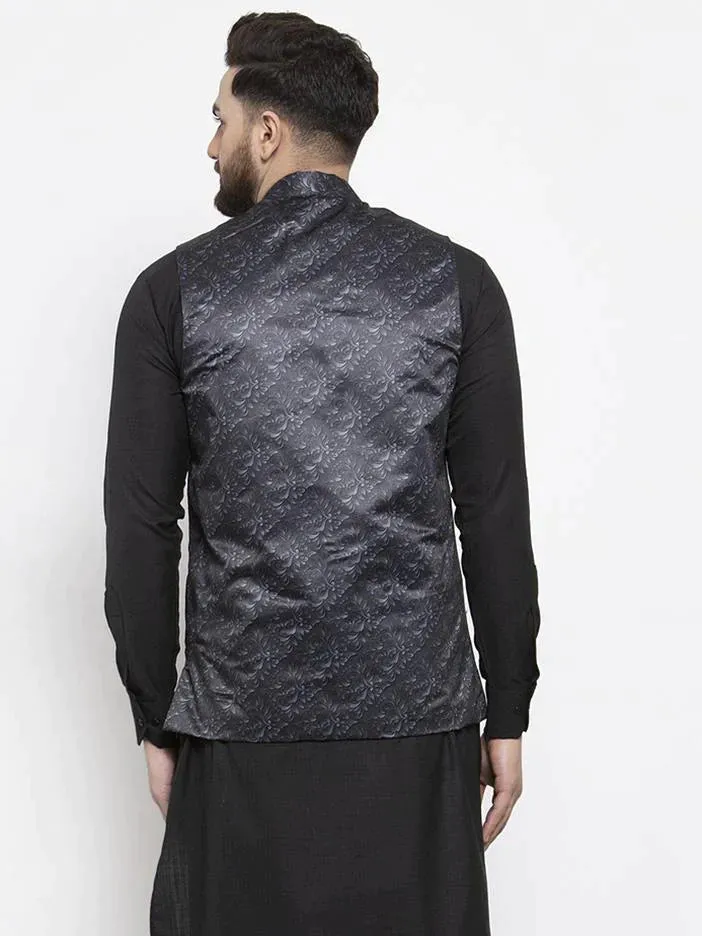 Men Charcoal Grey Printed Satin Nehru Jacket