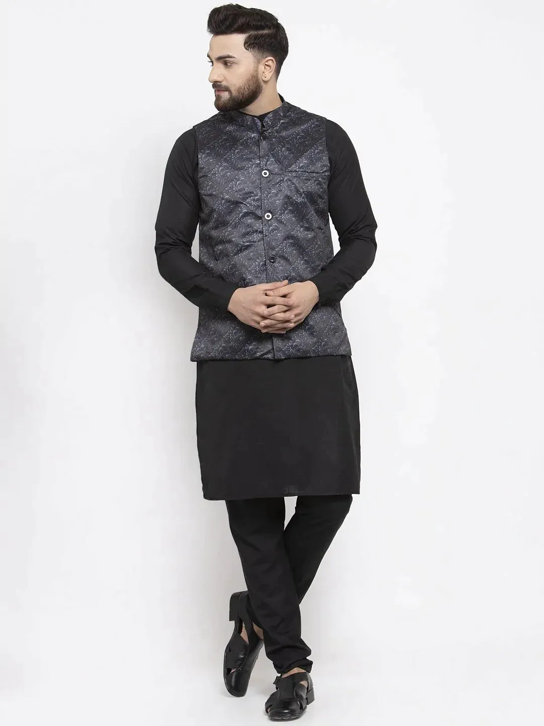 Men Charcoal Grey Printed Satin Nehru Jacket