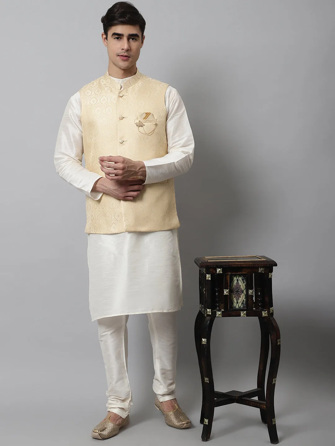 Men Off White Solid Kurta Pyjama With Golden Woven Design Nehru Jacket