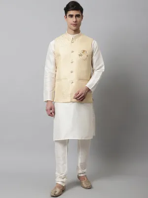 Men Off White Solid Kurta Pyjama With Golden Woven Design Nehru Jacket