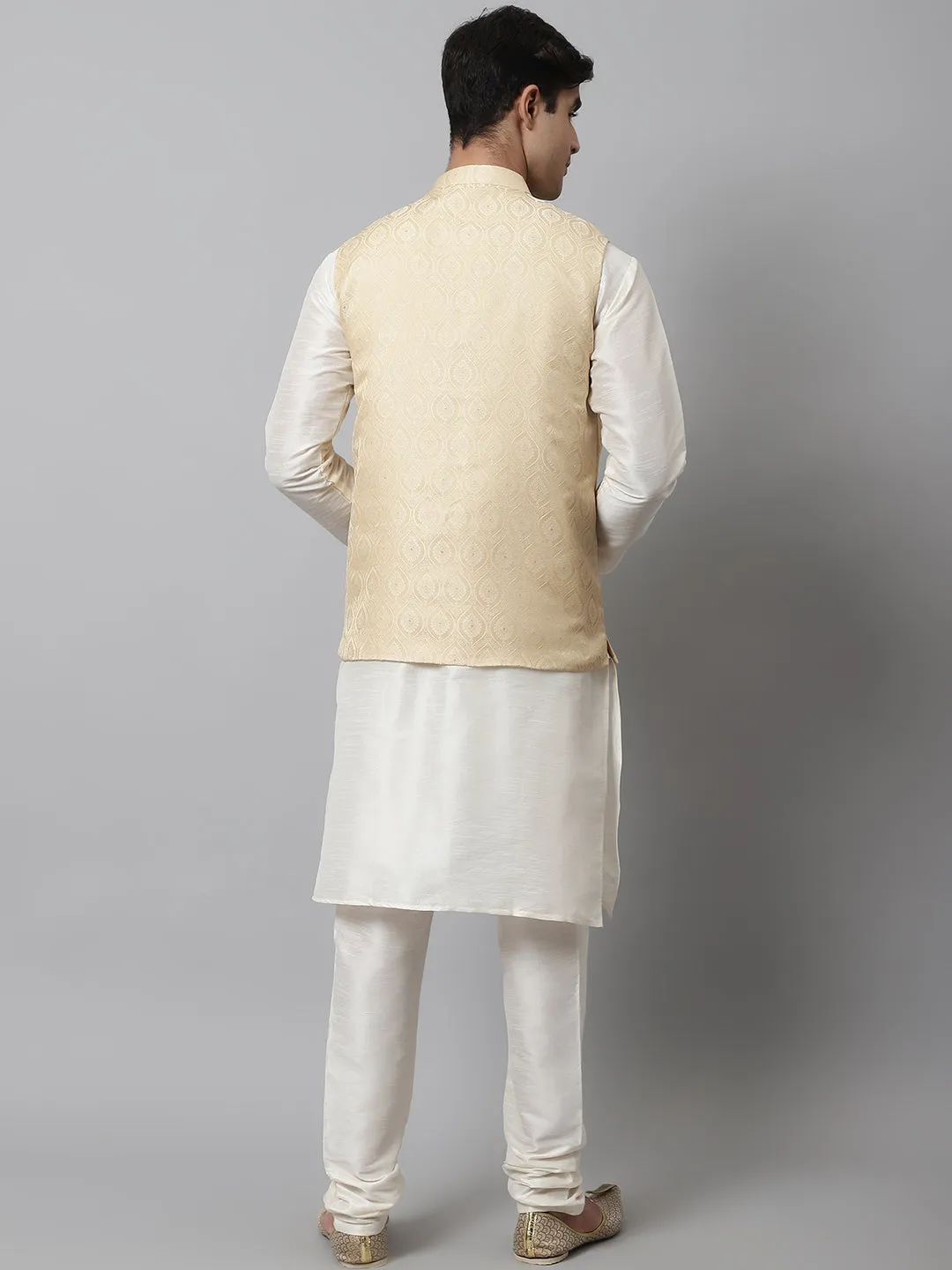 Men Off White Solid Kurta Pyjama With Golden Woven Design Nehru Jacket