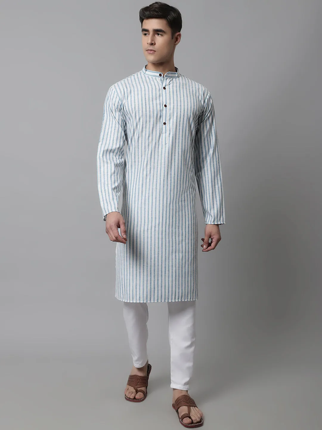 Men Sky Blue And White Striped Kurta With Pyjama