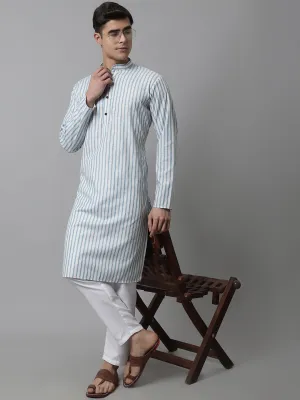 Men Sky Blue And White Striped Kurta With Pyjama