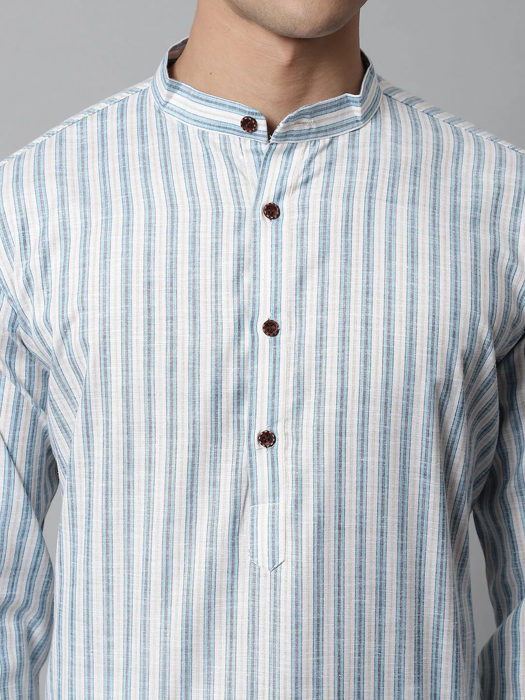 Men Sky Blue And White Striped Kurta With Pyjama