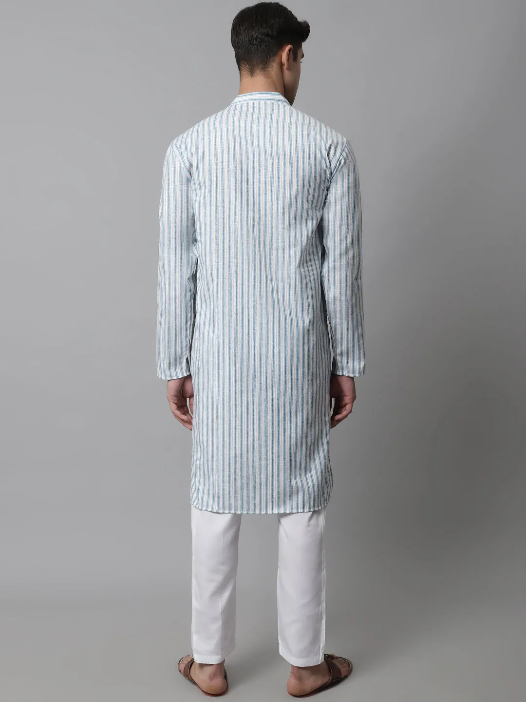 Men Sky Blue And White Striped Kurta With Pyjama