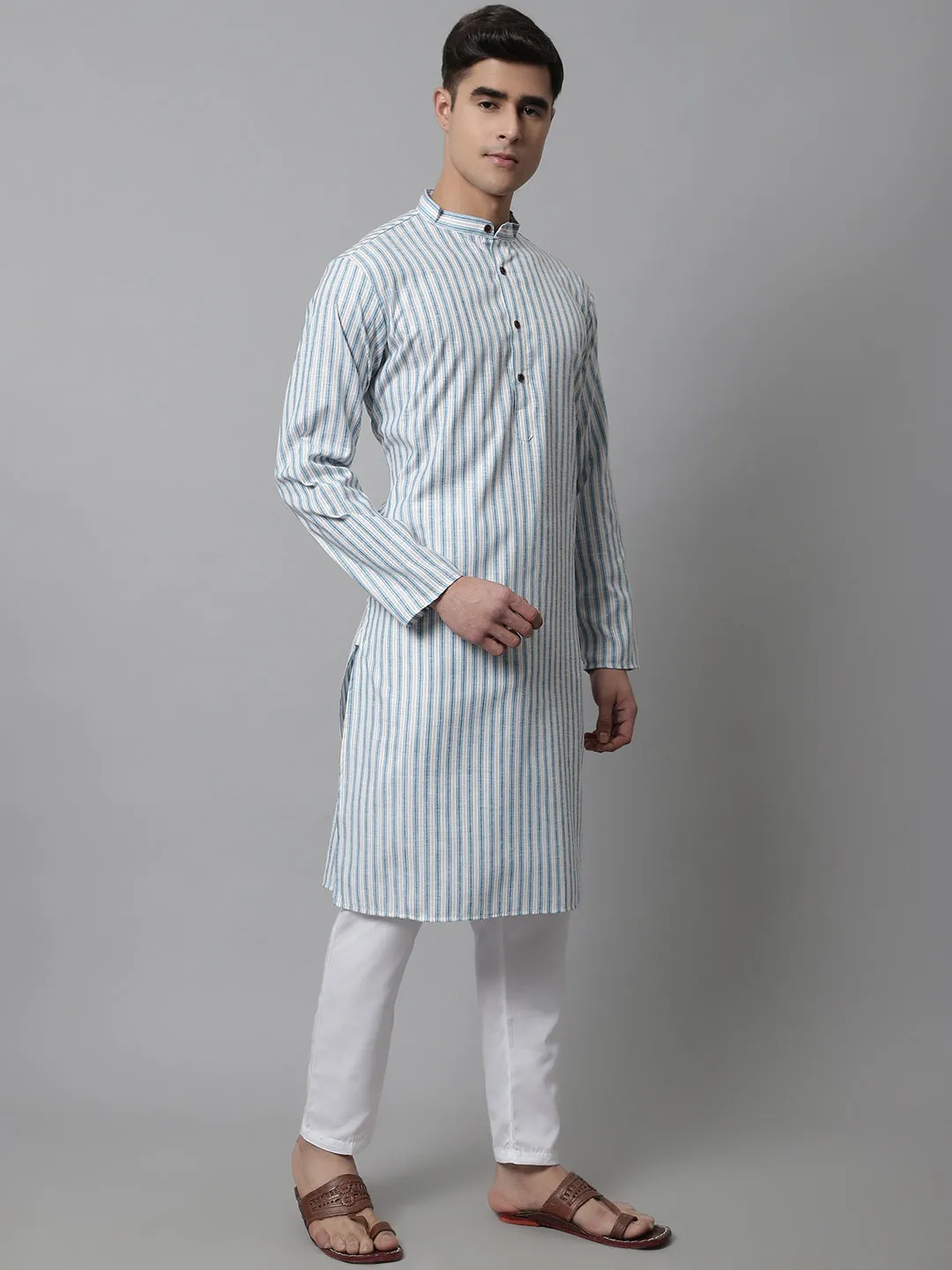 Men Sky Blue And White Striped Kurta With Pyjama