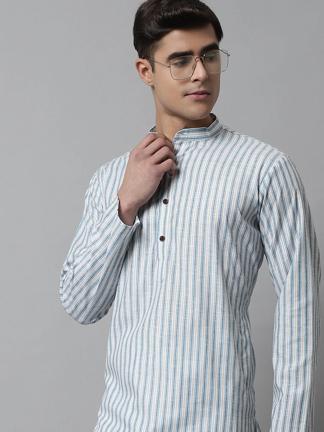 Men Sky Blue And White Striped Kurta With Pyjama