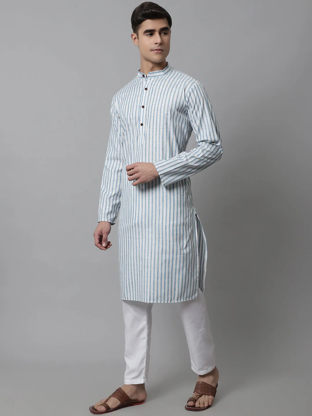 Men Sky Blue And White Striped Kurta With Pyjama