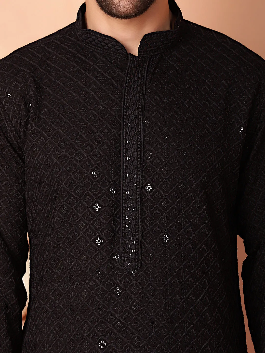 Men'S Black Embroidered And Sequence Kurta With Pyjama